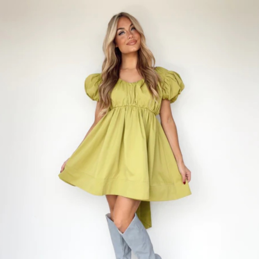 Puff Sleeve Mini Dress in Lime Green